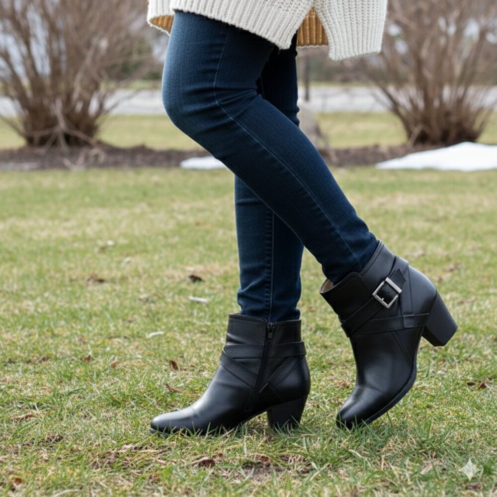 Abella Black Ankle Boots with Silver buckle  2 1/2 " Heel Size US 7.5